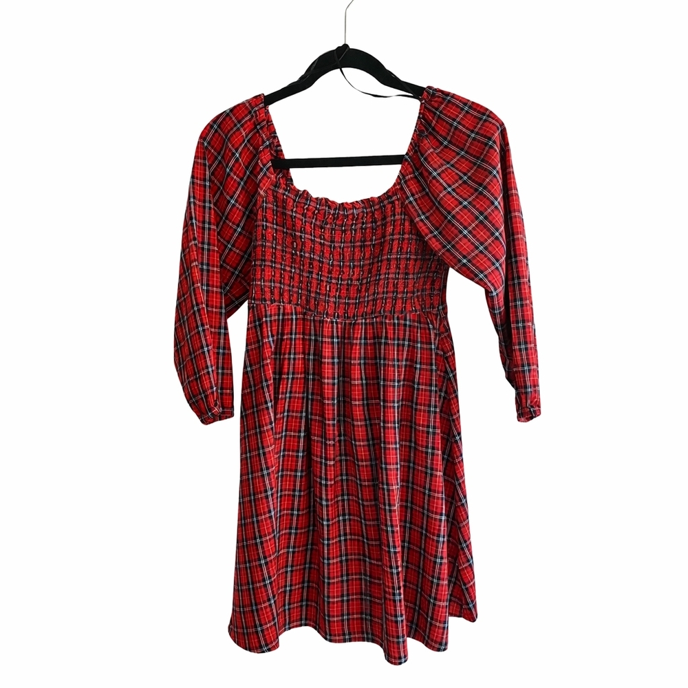 Old Navy Girls Red Plaid Smocked Long Sleeve Dress Size L (10–12) Holiday Christ